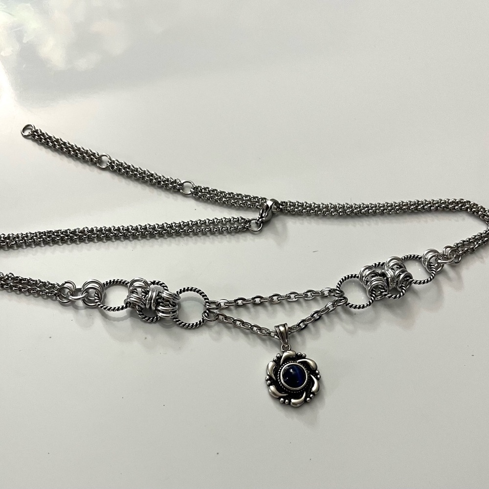 925 sterling silver blue kyanite stone charm on stainless steel maille choker - Picture 10 of 16